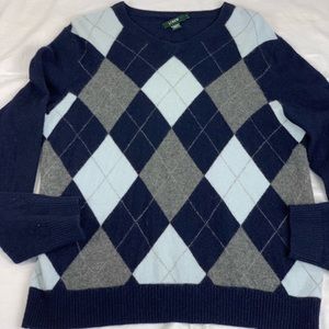 J Crew Argyle Long Sleeve V-Neck Cashmere Sweater
